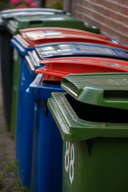 A row of large, wheeled rubbish bins lined up along a pavement beside a brick wall, with lids closed. The bins are in different colours, including green, red, and blue, indicating separate waste or recycling categories. The green bin in the foreground has a textured, ribbed lid with a smooth finish, while the blue bin behind it features a similar design. The red and dark green bins further back appear to have similar lids, with some showing small white labels or markings. The environment appears to be outdoors in an urban or residential setting, with natural light illuminating the scene and highlighting the textures and colours of the bins. The arrangement suggests a typical collection point for waste disposal, potentially associated with private waste management or independent rubbish collection services like Waste Removal Lewisham, which offer alternative options for rubbish removal outside local authority collections.