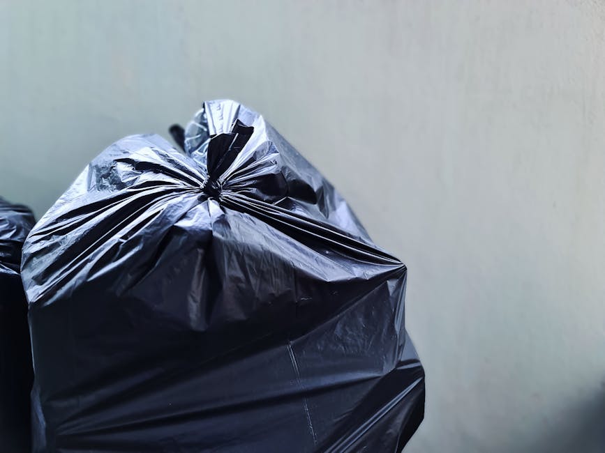 Close-up image of two large black plastic rubbish bags tightly knotted at the top, placed against a plain, light-colored wall. The bags have a glossy, slightly crinkled surface, revealing folds and creases typical of flexible plastic material. The foreground features one bag prominently, with another slightly behind it, both sitting on a flat surface or ground, possibly outdoors or in a storage area. The background is uniform and unobstructed, emphasizing the bags as the primary objects. The lighting is even, without strong shadows or highlights, providing a clear view of the textures and details of the waste bags. This scene reflects typical private waste disposal methods, such as on-site clearance or collection for private rubbish removal services, aligning with the context of alternative waste handling options in Lewisham. Waste Removal Lewisham specializes in rubbish collection, offering solutions that complement traditional council services and address local delays in rubbish pickup.