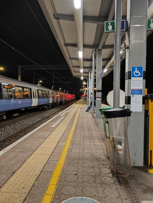 A nighttime view of Lewisham station platform illuminated by overhead fluorescent lights reflecting off the metal and concrete surfaces. On the right side of the image, a row of bins including a black recycling bin and a green waste bin is positioned against the station's metal support columns. The platform surface is paved with rectangular reddish-brown tiles, with a tactile yellow strip along the edge for visually impaired passengers. A blue sign indicating accessible facilities, including a wheelchair icon, is attached to a metal pole near the bins. On the left side, a stationary train with a blue and white exterior line stands on the platform, its windows reflecting some interior lighting. In the background, more station structures and a dark night sky are visible, with no visible passengers or staff present. The scene depicts a typical urban commuter rail station prepared for evening passenger activity, with provisions for waste disposal and accessibility, reflecting elements common to independent rubbish collection and station maintenance programs.