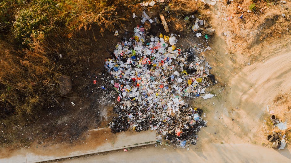 An aerial view of a small open excavation site where a diverse pile of mixed waste and rubbish has accumulated. The debris includes various plastic bottles, packaging, paper, and other refuse, forming a loosely spread mound on the bare soil surface. The surrounding area features dry, brownish earth with some green shrubbery framing the upper left corner, indicating an outdoor environment. On the right side, a light-colored dirt path or construction area is visible, with a small section of a drain pipe protruding from the ground near the bottom right. The scene reflects a private or unmanaged waste disposal context, aligning with independent rubbish collection or on-site clearance services often involved in dealing with illegally dumped refuse, which Waste Removal Lewisham can assist with by removing such bulk waste efficiently.