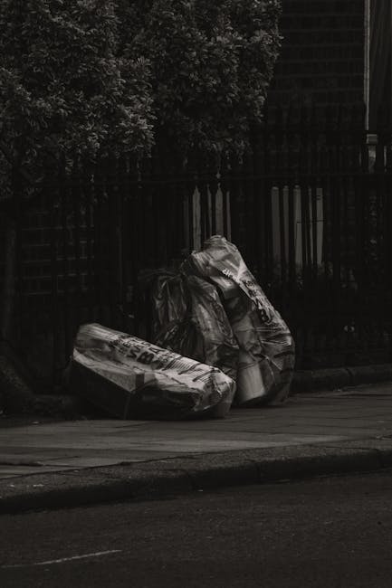 Two large black plastic rubbish bags filled with waste, placed on the pavement beside a wooden fence and a tree with dense foliage. The bags appear to contain household or general waste and are resting on a concrete sidewalk adjacent to a dark asphalt road. The background features a dark, weathered wooden fence with vertical slats and a leafy tree extending over the bags, providing partial shade. The scene suggests an informal or independent collection of rubbish from a residential area, possibly handled by a private waste removal service like Waste Removal Lewisham, with the waste left on the street for collection or disposal. The environment is outdoors in front of a property, with minimal lighting indicating either early morning or late evening conditions, emphasizing the contrast between the dark surroundings and the waste bags. This image visually captures a typical scenario of rubbish awaiting removal in an urban or suburban setting, relevant to waste management and rubbish clearance services in Lewisham.