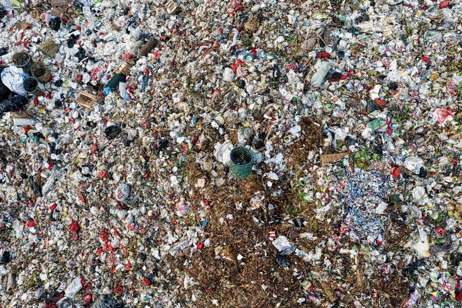 A large, densely packed pile of mixed waste materials occupying an outdoor area, consisting predominantly of plastic waste such as crumpled and torn plastic bags, wrappers, and bottles, along with paper, cardboard, and some organic matter. The plastics vary in color, including red, white, blue, and transparent, with some items partially buried beneath others. Smaller debris such as food packaging, bottles, and miscellaneous refuse are scattered across the mound. In the center of the image, there is a worn, green plastic bucket nestled among the rubbish, indicating possible informal collection or disposal. Surrounding the pile, the environment appears to be an open, unpaved area, with a slight slope and uneven ground surface partially visible at the edges. The lighting suggests natural daylight with shadows cast across different waste objects, emphasizing the chaotic and unmanaged state of the debris. This scene exemplifies the type of unmanaged waste accumulation that private waste removal services like Waste Removal Lewisham often address through on-site clearance or independent collection solutions, highlighting the importance of effective rubbish management in preventing environmental pollution and maintaining public health in residential or commercial areas.