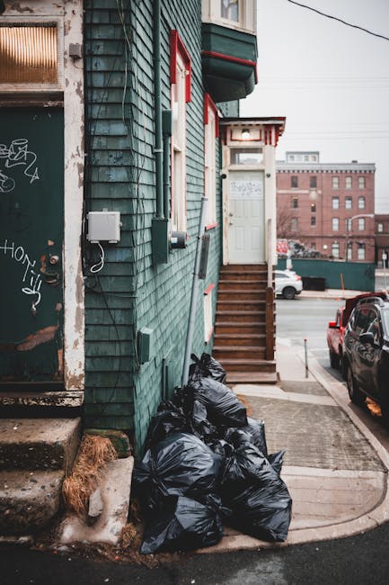A residential building with green wooden exterior siding featuring weathered, textured panels painted in teal, with visible slight peeling paint and some graffiti on a nearby door. A set of wooden stairs with a brown finish leads up to a white front door, situated on a small raised porch, with a white canopy extending over the entrance. Several black rubbish bags filled with waste material are piled at the base of the building close to the pavement, indicating an informal rubbish clearance. To the right, a black vehicle is parked on the street, and further in the background, there are other brick buildings and a parking lot. The scene is captured during daylight with natural light illuminating the environment, emphasizing the textures of the wooden siding, the bags, and urban surroundings. The context suggests a focus on private waste disposal or alternative rubbish collection methods employed by Waste Removal Lewisham, aligning with the topic of same-day rubbish collection problems in Lewisham.